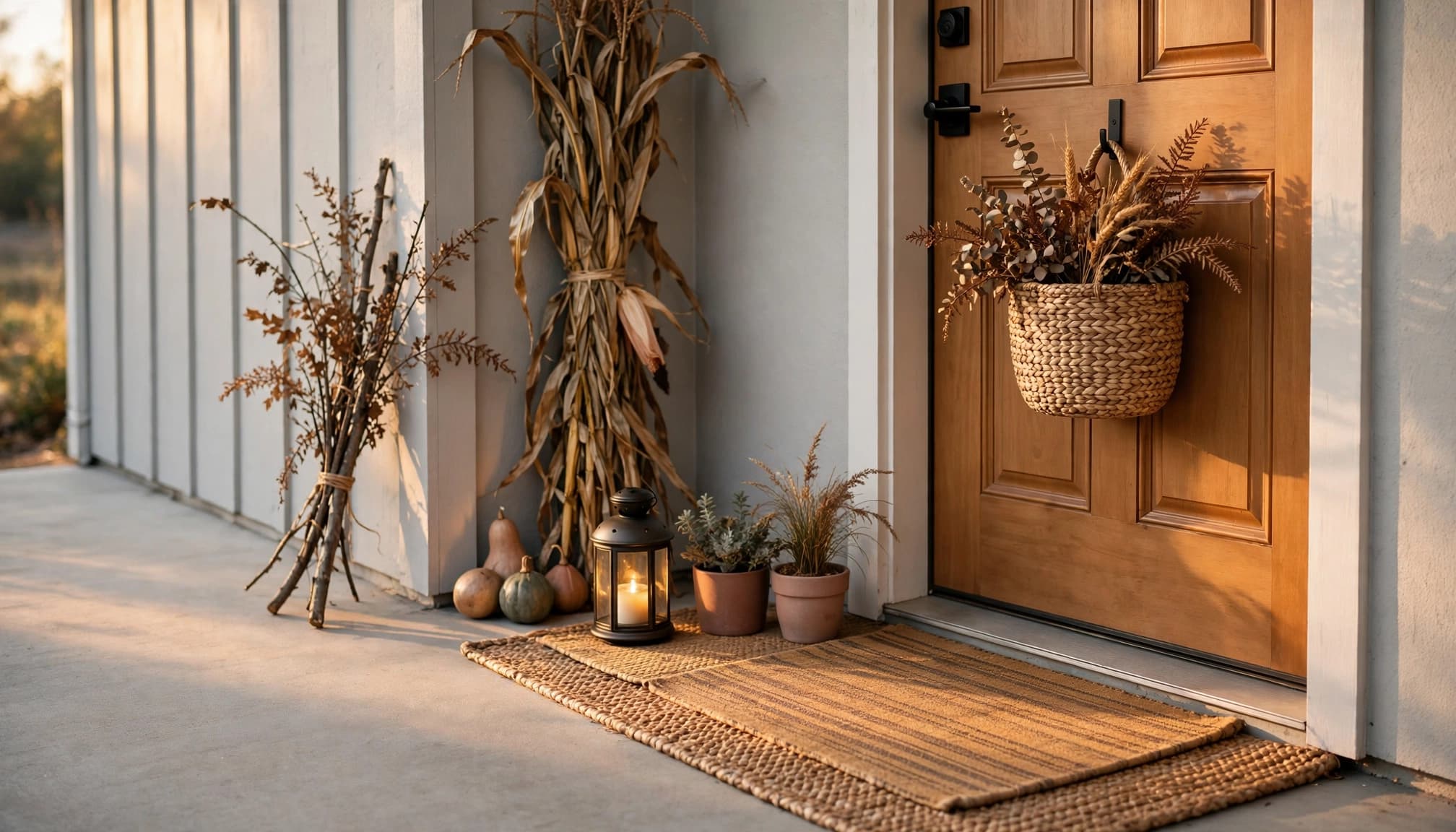 A narrow porch with fall decor, layered mats, planters, and a warm lantern.