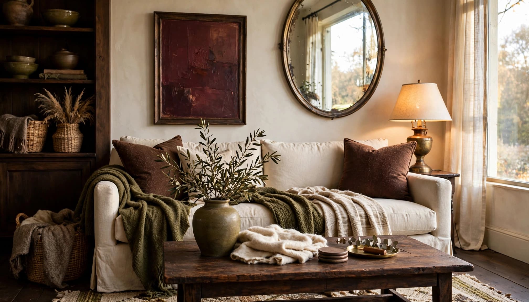 Warm ivory sofa with brown pillows, burgundy artwork, an olive vase, and brass lighting.