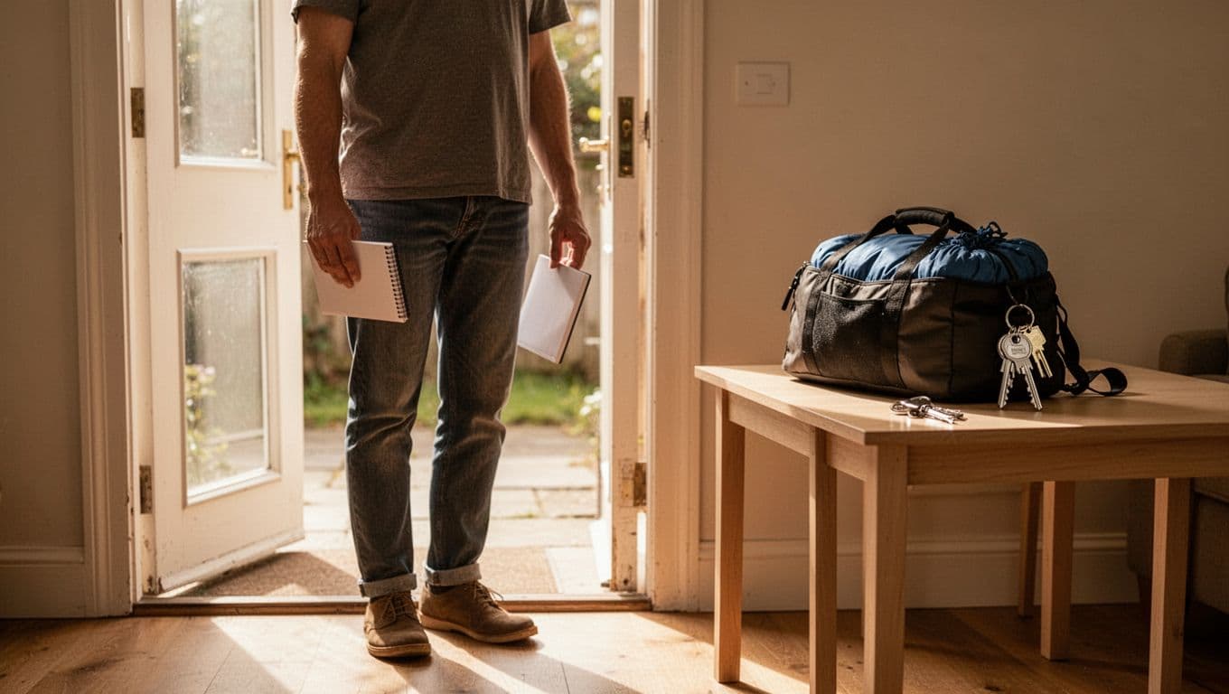 An adult stands by a sunny doorway with a notebook, bag, and keys nearby.