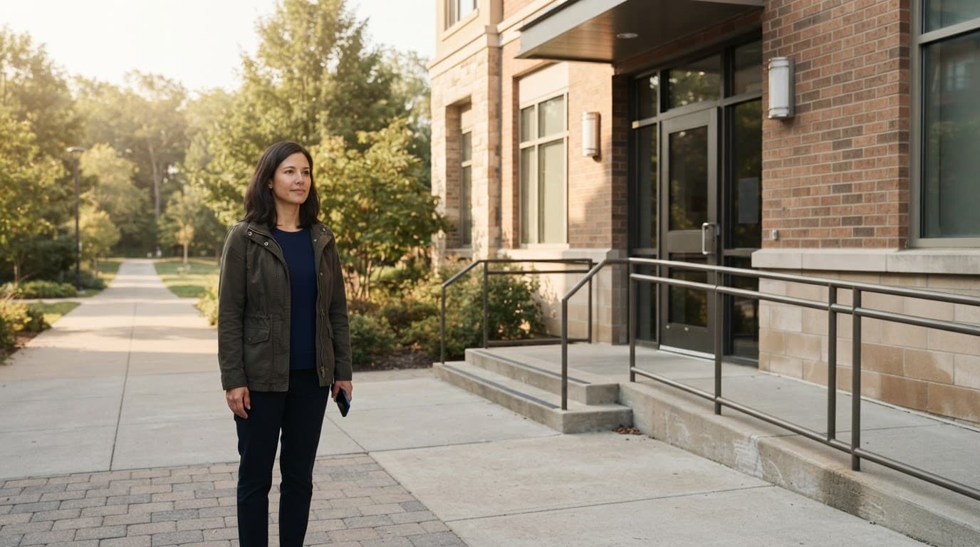 An adult stands beside a community center entrance with a phone at their side.