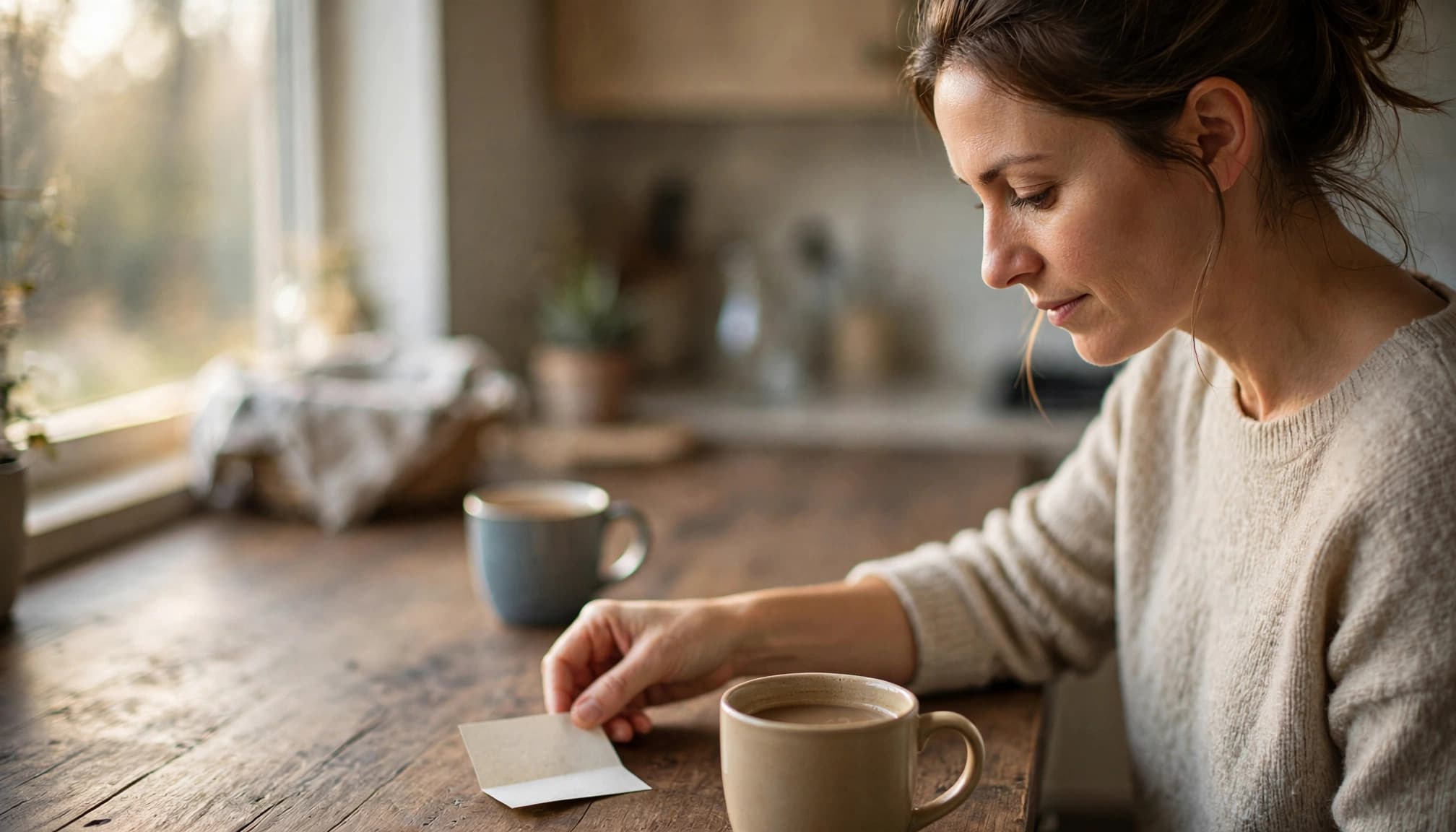 Woman placing an unreadable note beside coffee mugs in a sunny kitchen.