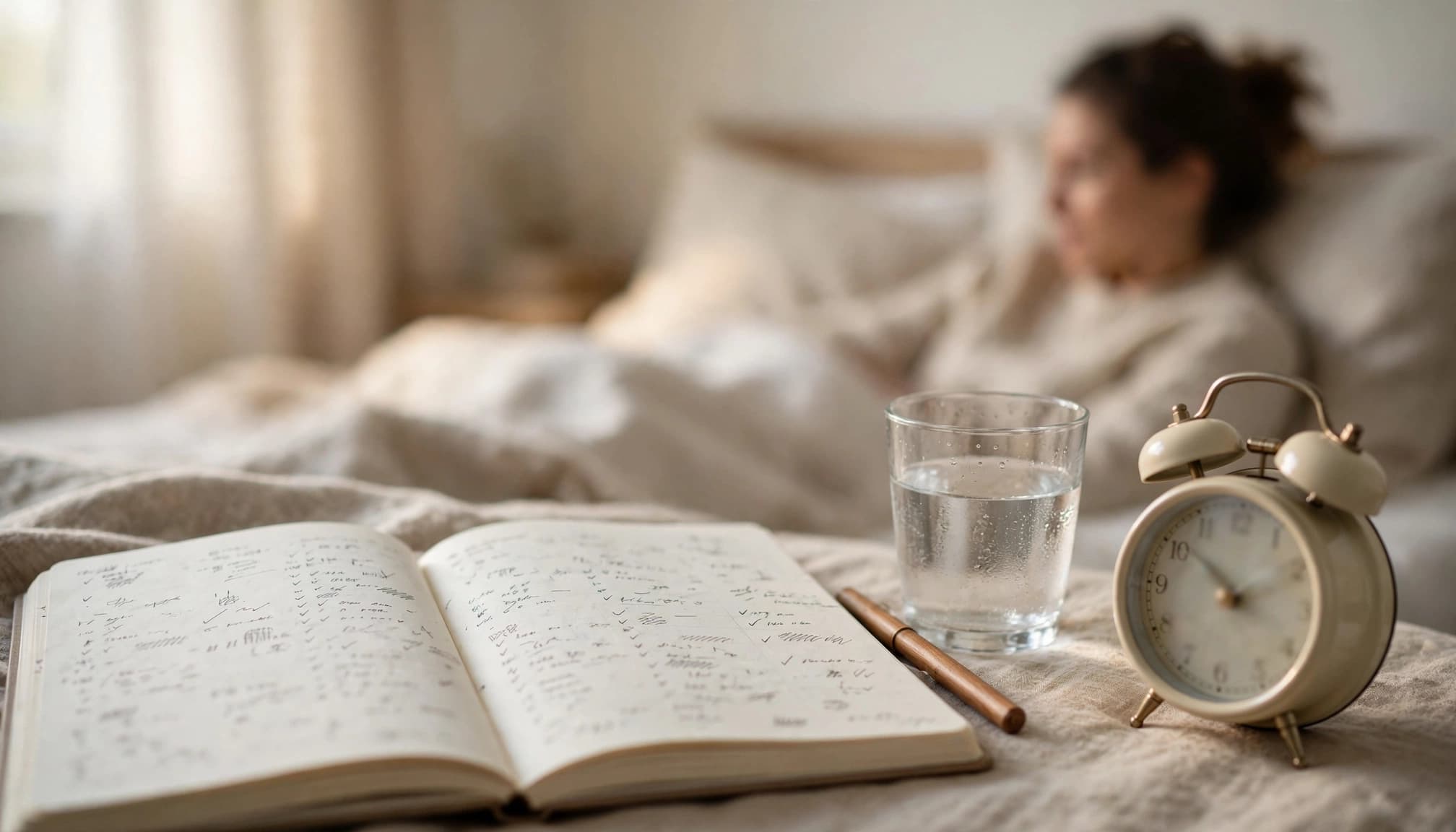An adult reviews a sleep diary beside a glass of water and alarm clock.