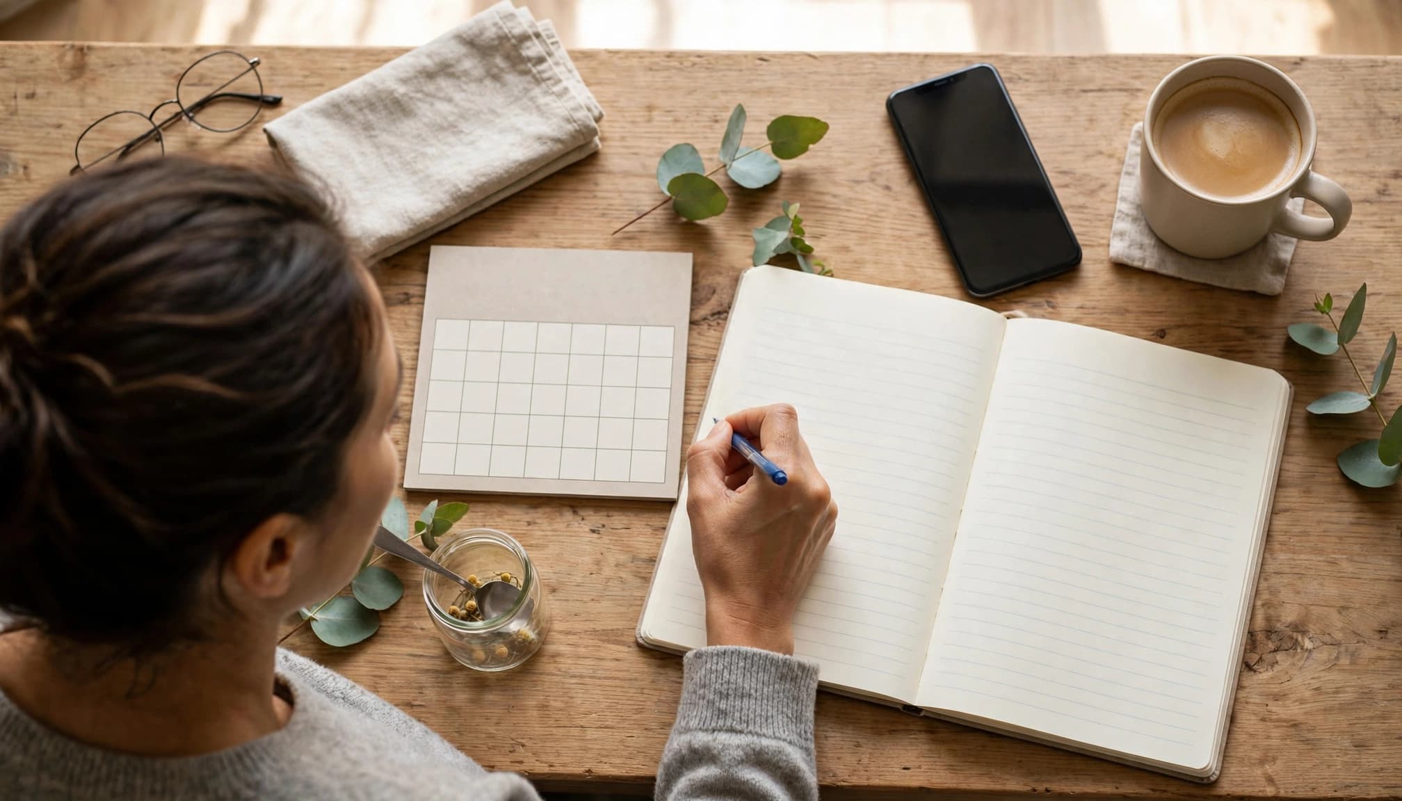 An adult arranges a blank notebook, calendar, phone, and coffee on a kitchen table.