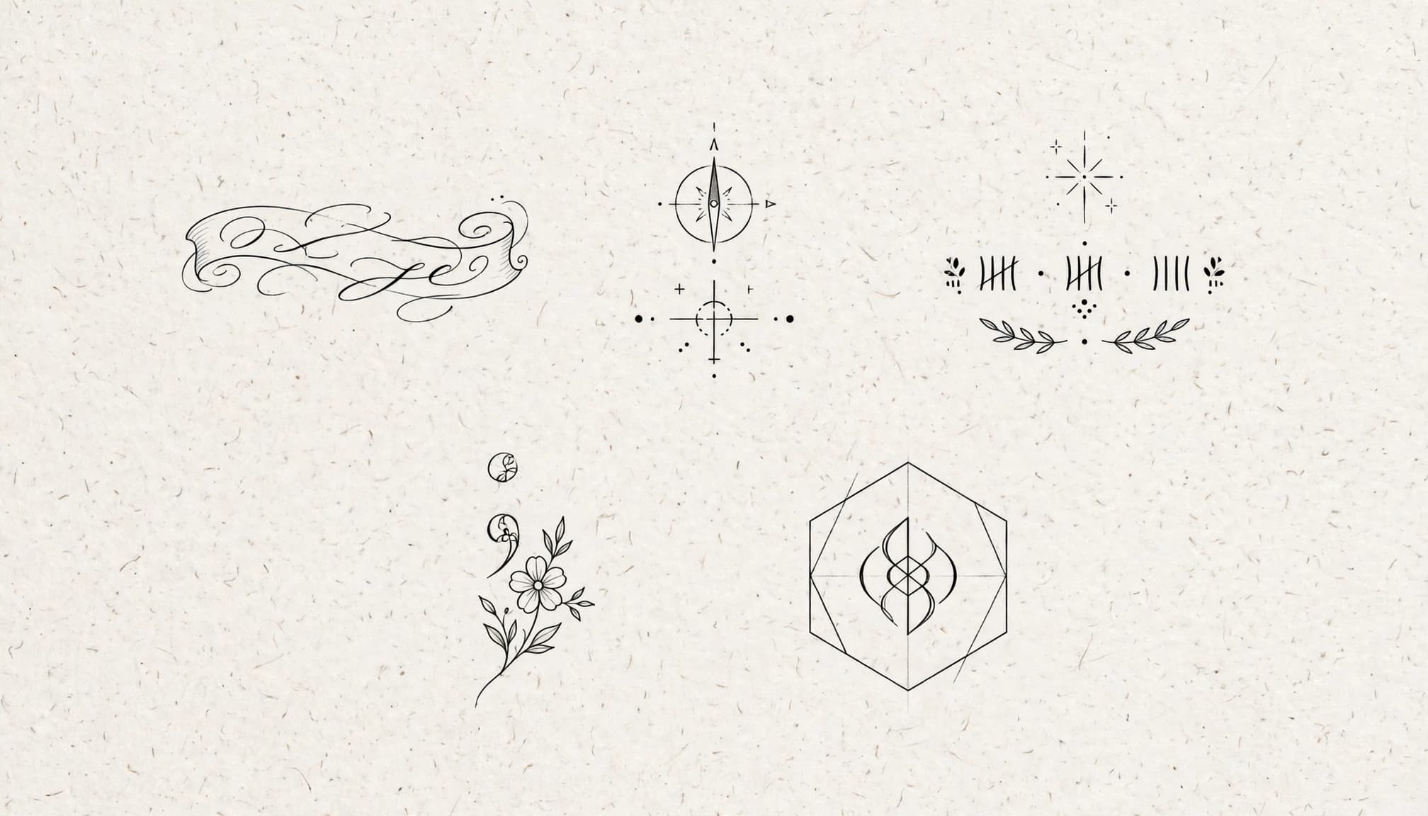 Five small fine-line tattoo concepts arranged on a textured reference sheet.