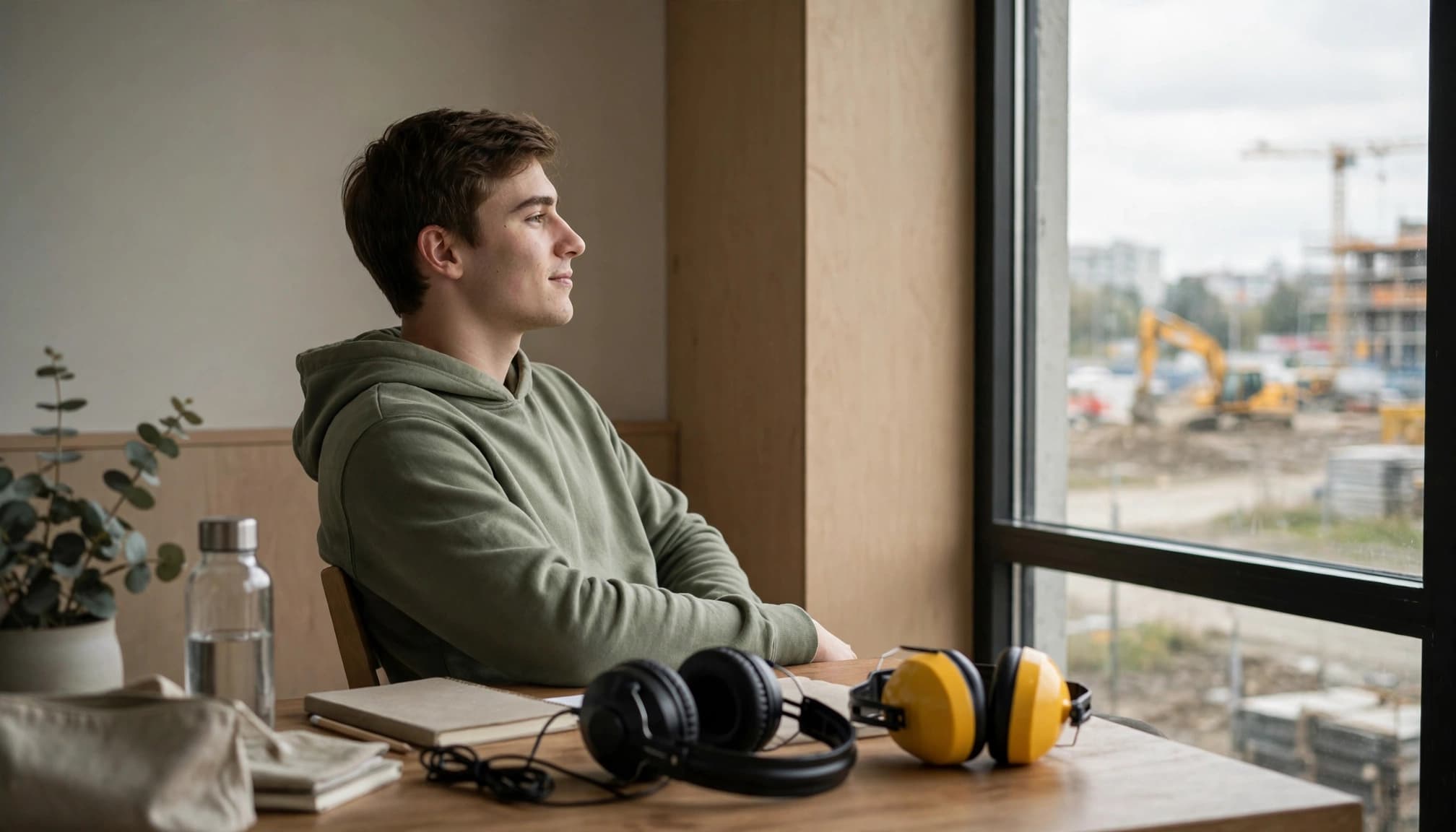 A student takes a headphone break beside protective earmuffs in a quiet study room.