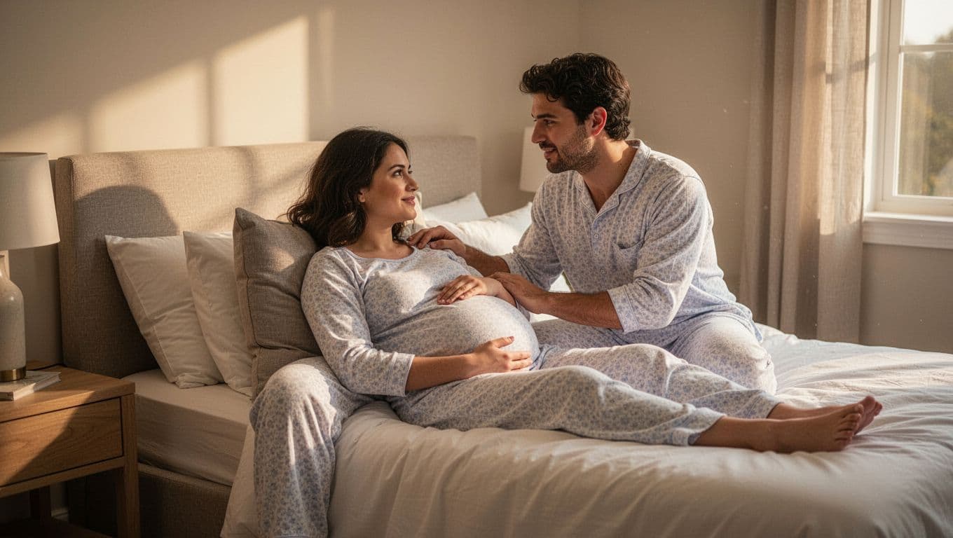 A pregnant person rests on pillows while their partner gently touches their shoulder.