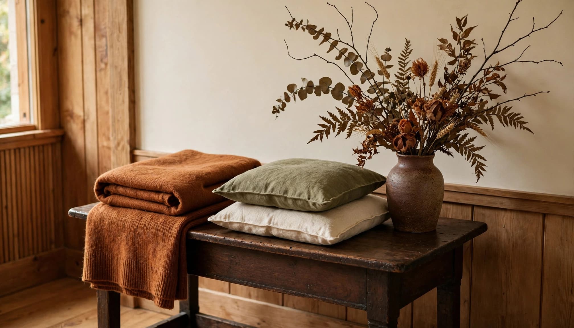 A wood side table displays dried flowers, branches, cushions, and a folded wool throw.
