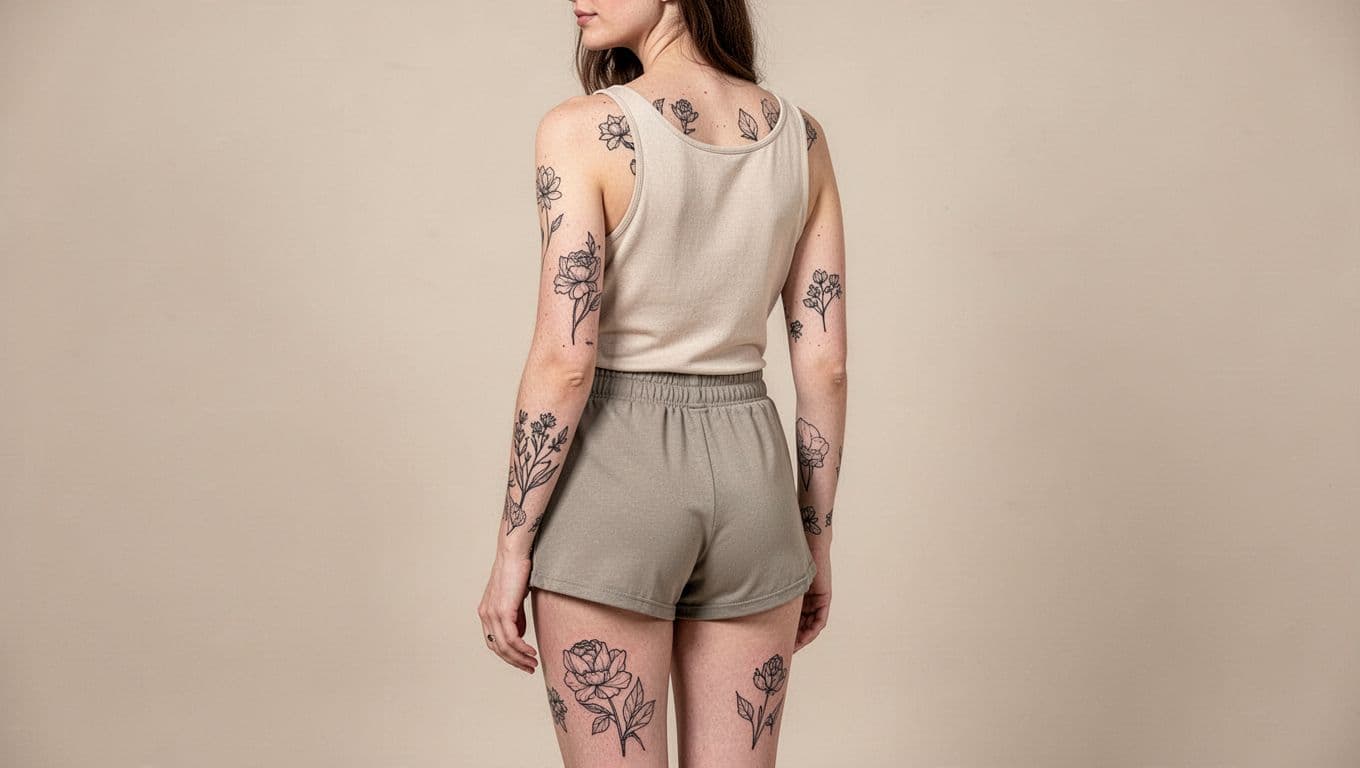 Woman showing delicate tattoos on her arm, shoulder, ribs, thigh, and upper back.