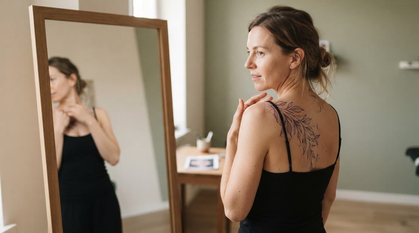 Woman checking a back tattoo stencil in a full-length mirror.