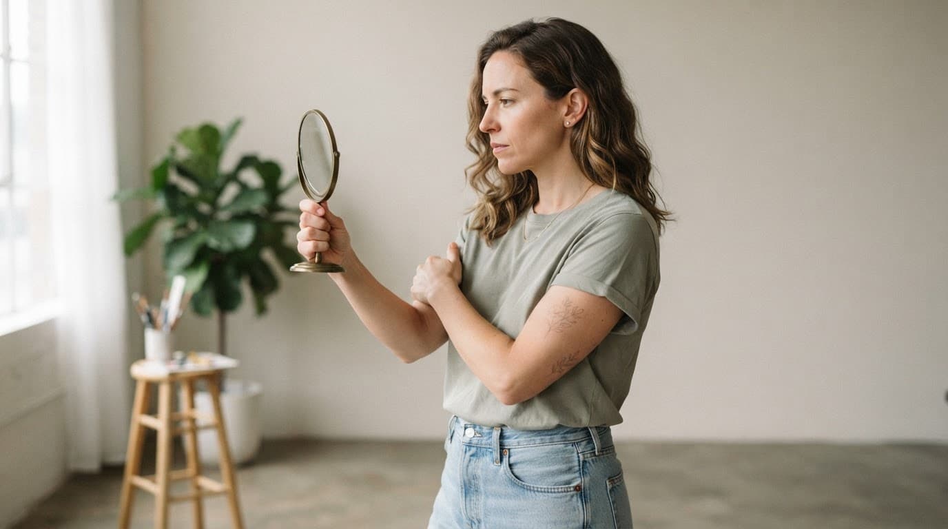 Woman checks temporary tattoo placement on her upper arm with a small mirror.