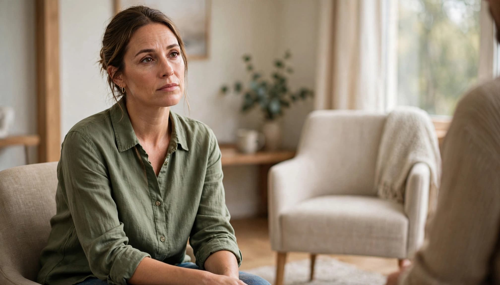 A thoughtful adult sits apart from another person in a softly lit counseling office.