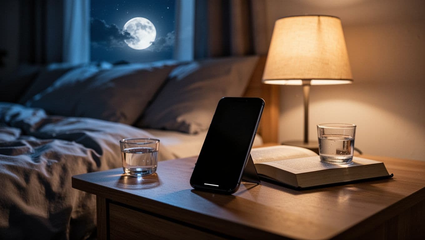 A smartphone rests beside a book and water glass on a softly lit bedside table.
