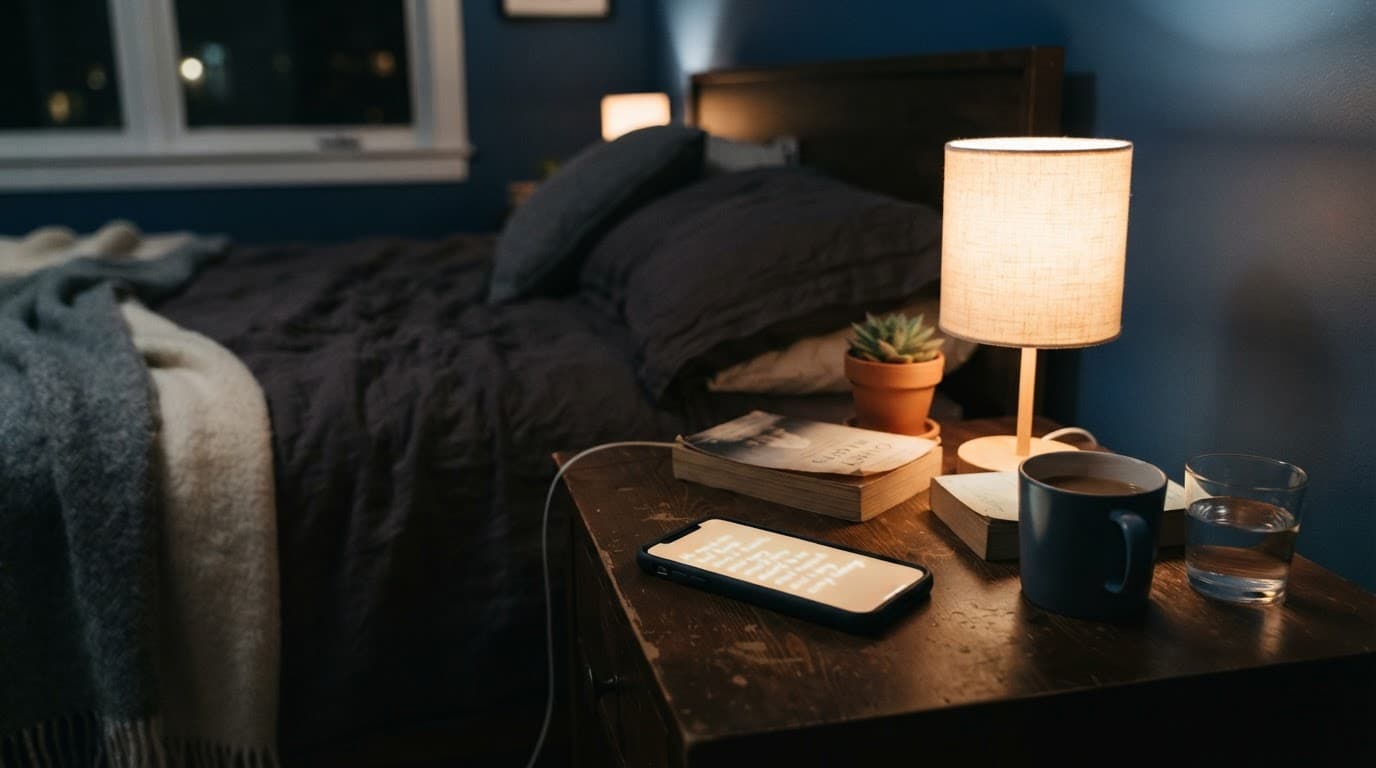 A glowing smartphone sits beside a small lamp on a bedside table at night.