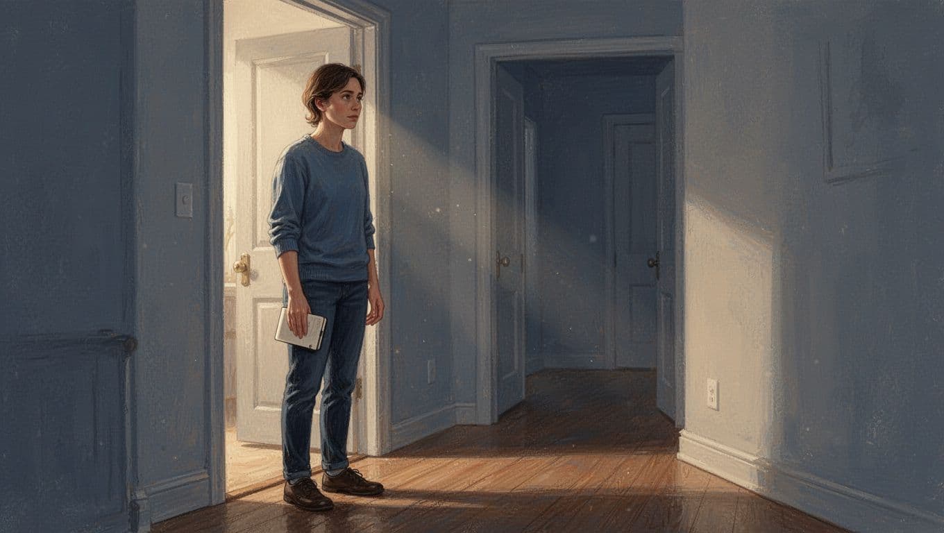 An adult holding a notebook stands quietly beside a doorway in a dim hallway.