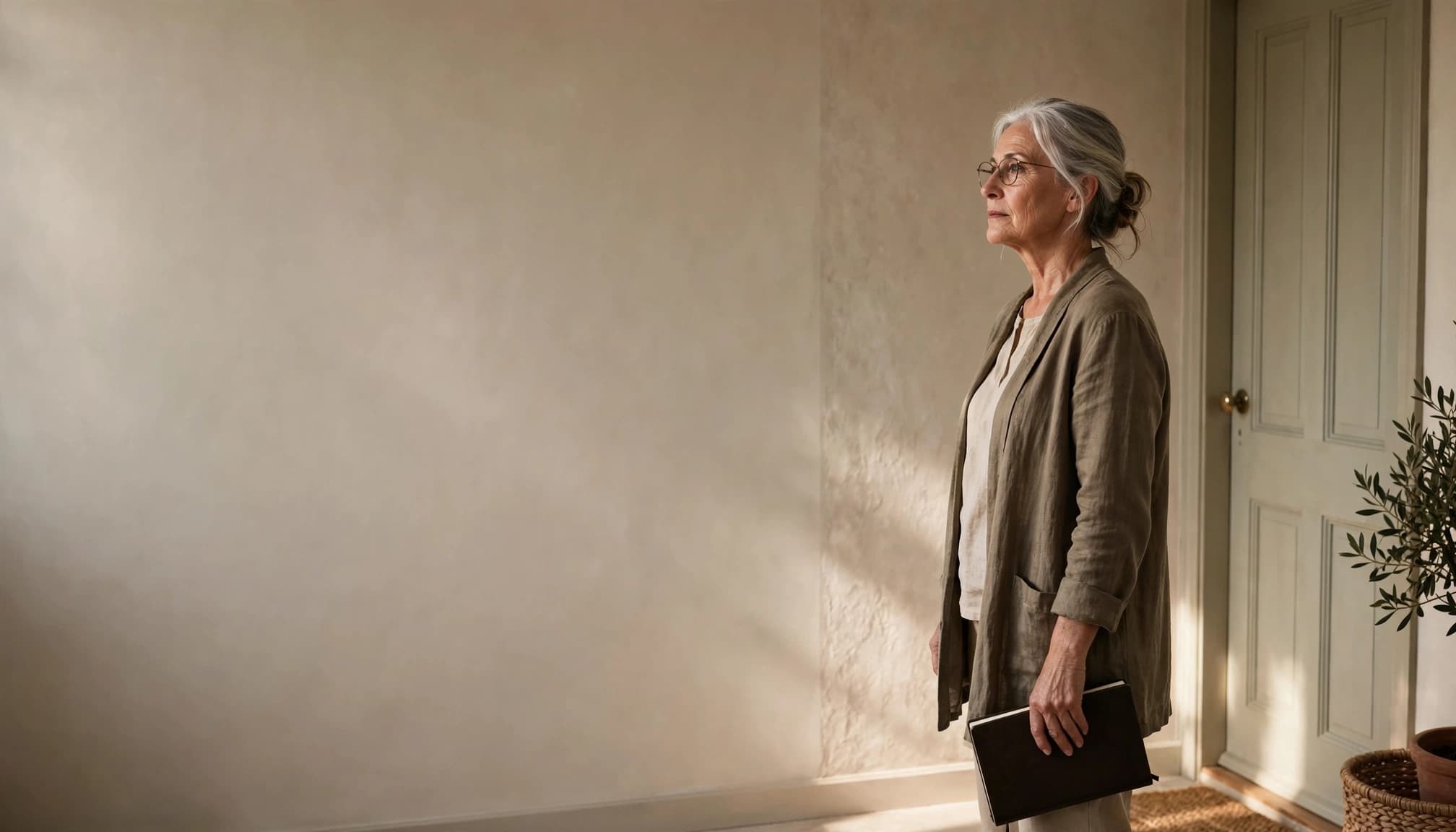 An older parent stands beside a closed door, holding a notebook in warm afternoon light.