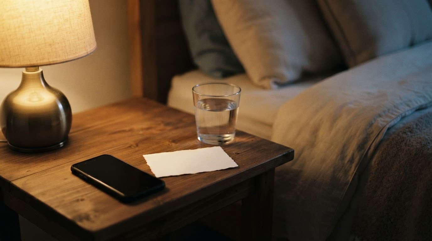 A smartphone, blank note, and glass of water sit beside a softly lit bed.