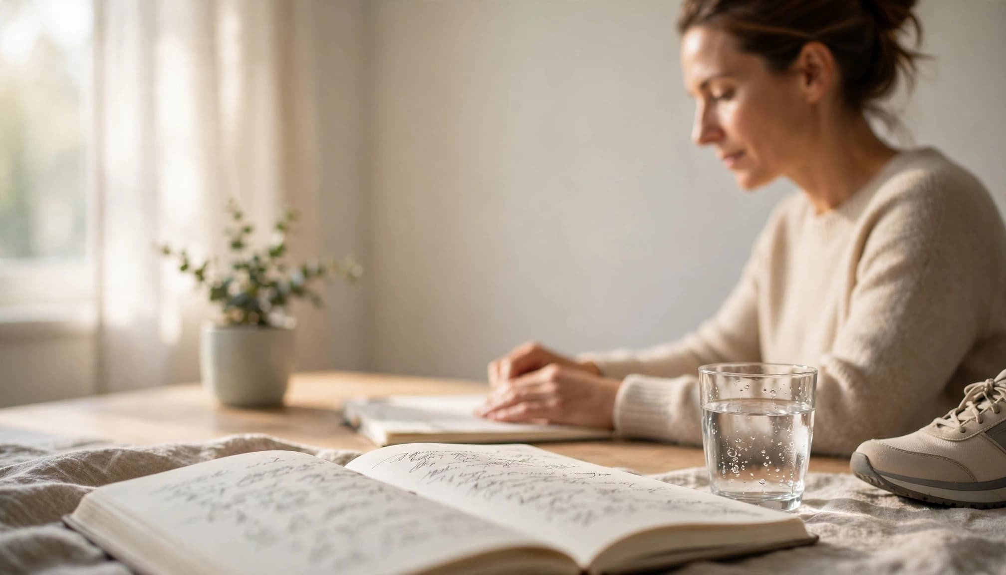 An adult reviews a symptom journal beside water and a walking shoe in soft morning light.