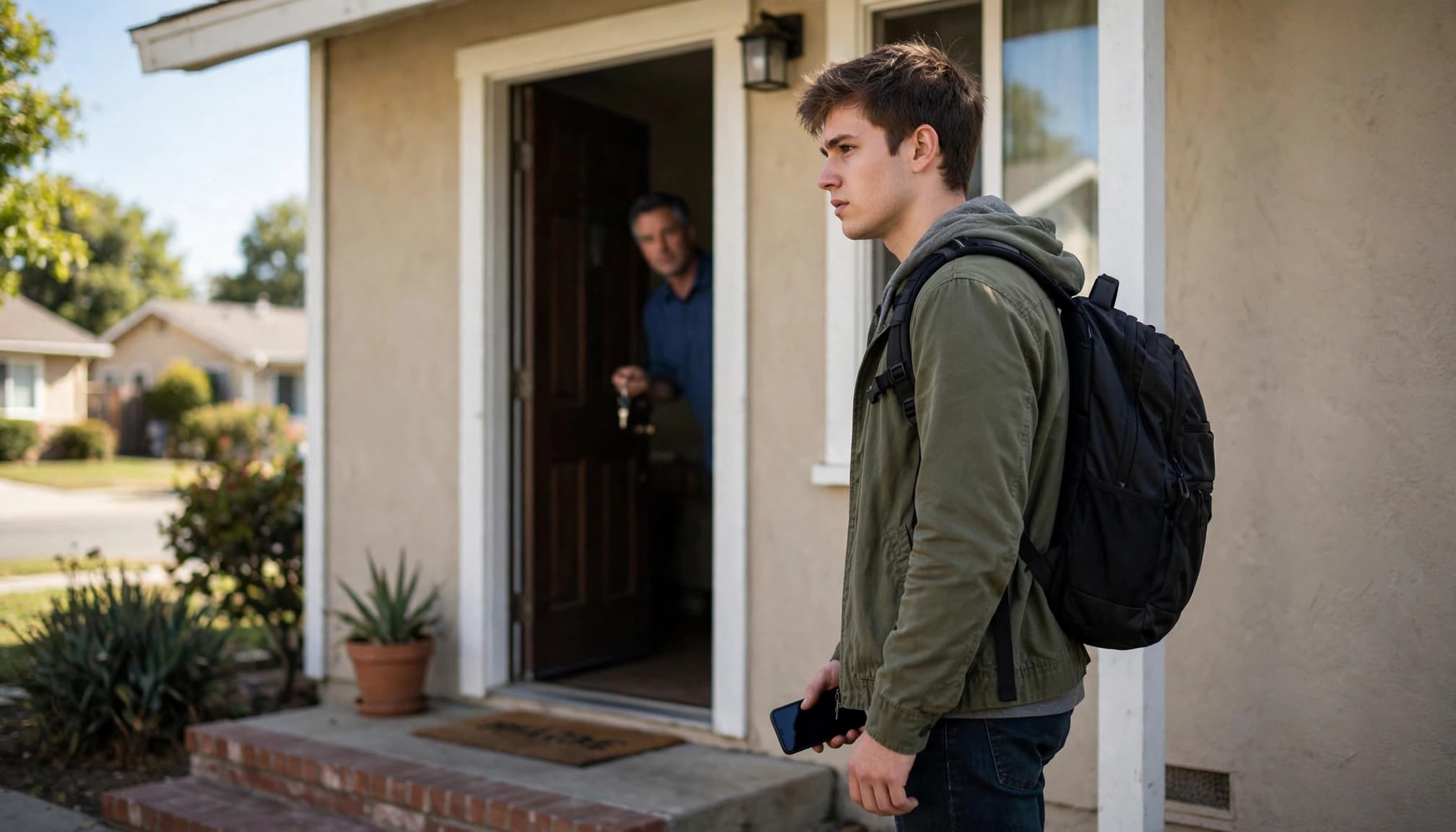 A young adult with a backpack views a rental home while a landlord stands in the doorway.