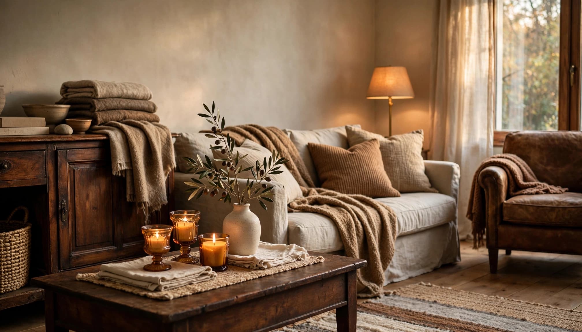 Warm fall living room with dark wood furniture, layered textiles, amber candleholders, and one vase of branches.