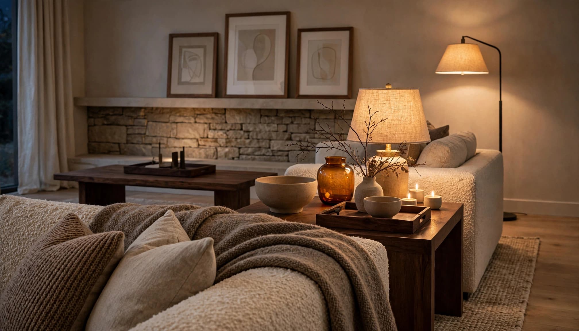 A cozy fall living room with textured fabrics, lamps, amber glass, and natural accents.