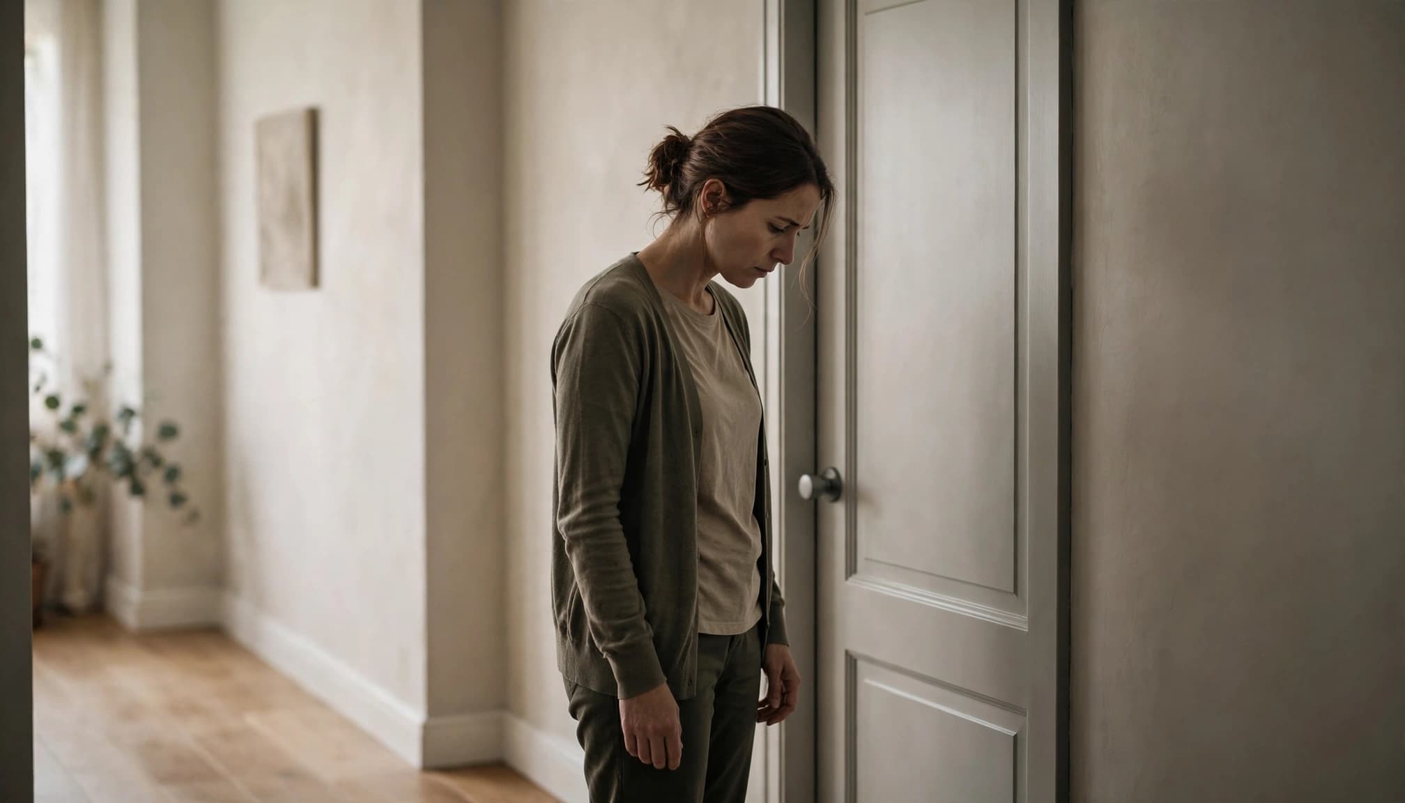 A tense adult stands apart from a closed hallway door with a lowered gaze.