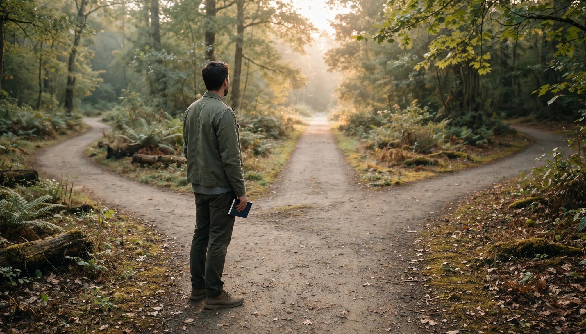 One person stands at three wooded paths holding a small notebook.
