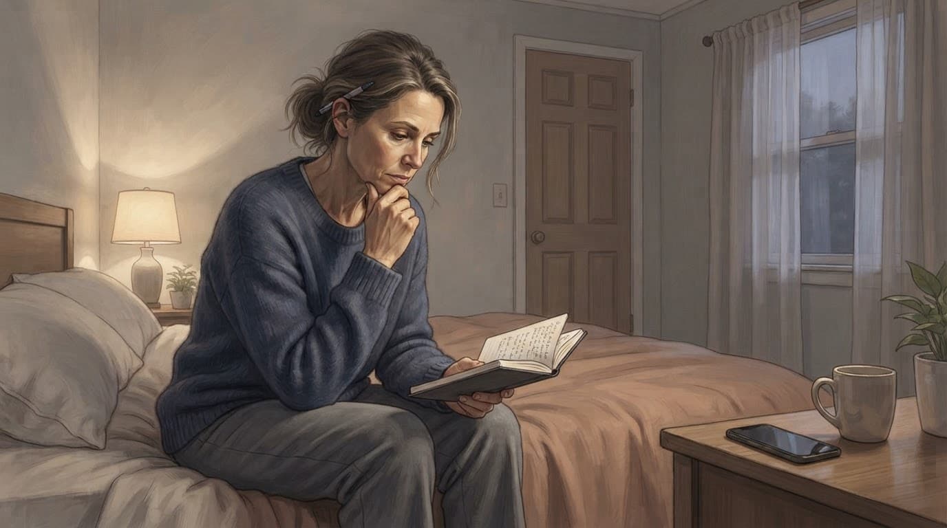 One person reviews notes on a bed in a softly lit bedroom.