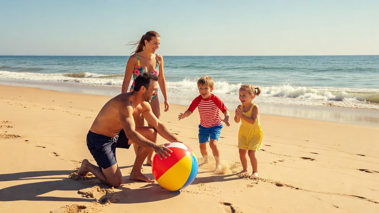 A smiling family of four plays together on the vast golden shoreline. Soft waves roll in the background while the parents and their two young children enjoy the bright summer sun.