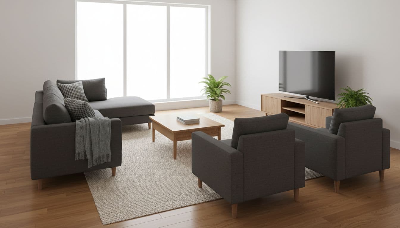 Efficiently planned modern living room in a residential home, arranged for four people with sofa, armchairs, coffee table, TV unit, and adequate circulation space, featuring large windows for natural light and warm wooden floors in a cozy yet spacious realistic photograph style with soft daylight.