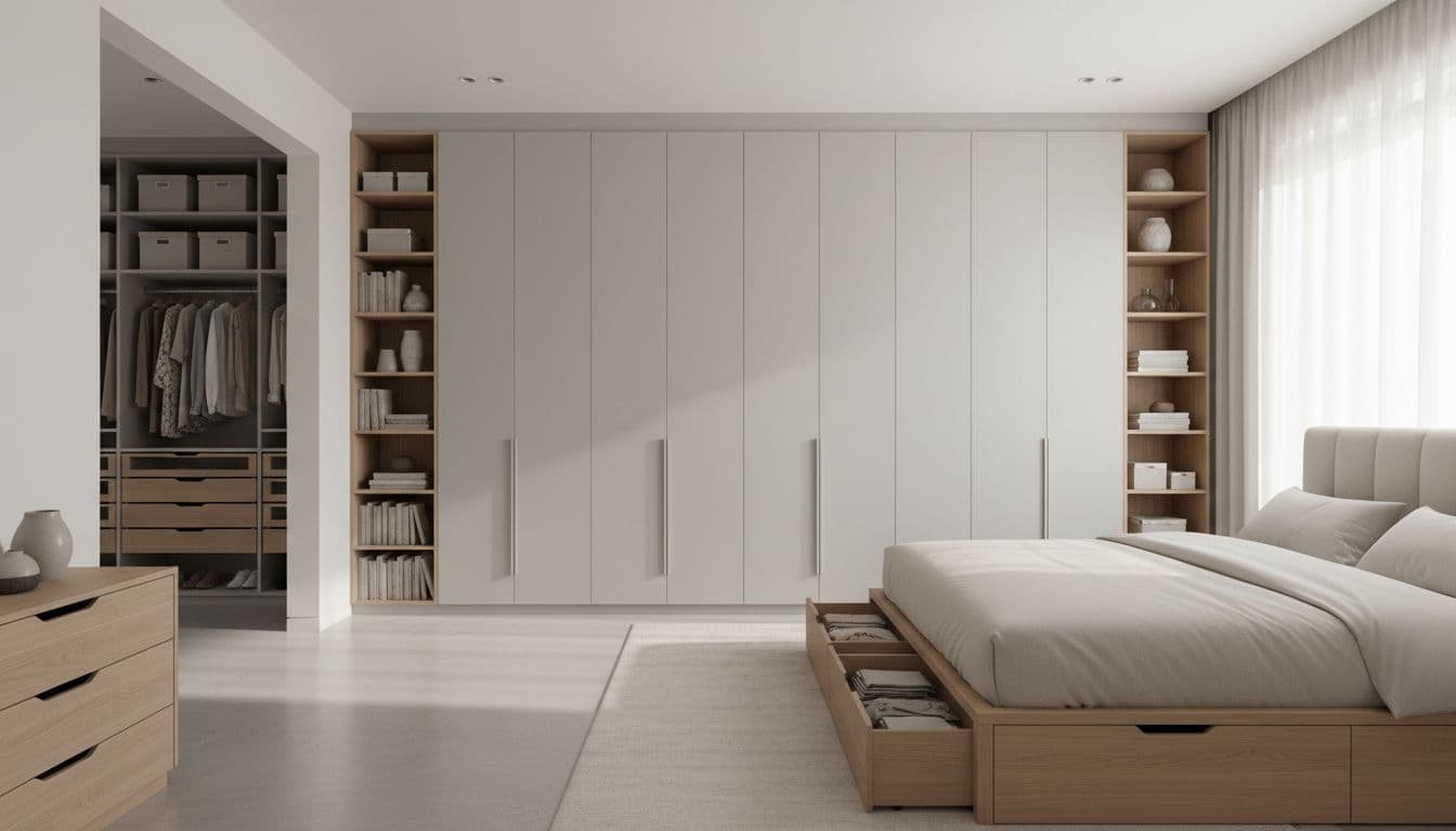Realistic photograph of a spacious modern bedroom featuring large wardrobes, open shelves, drawers under the bed, and organized closet space in neutral tones with clean lines and soft natural light.