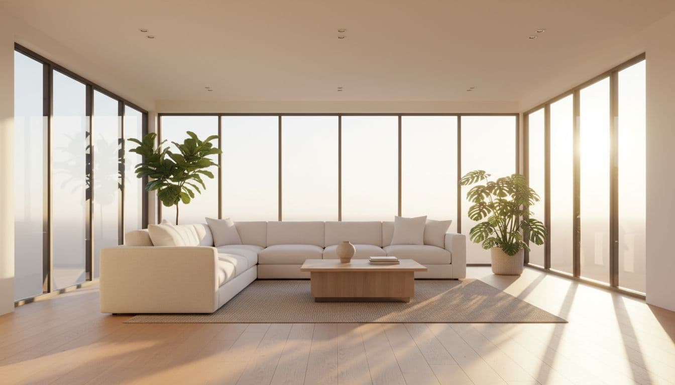 Bright sunlit modern living room with sizable floor-to-ceiling windows allowing natural sunlight to stream in, creating a warm golden hour glow on white sofa, wooden floor, and potted plants in an inviting atmosphere.