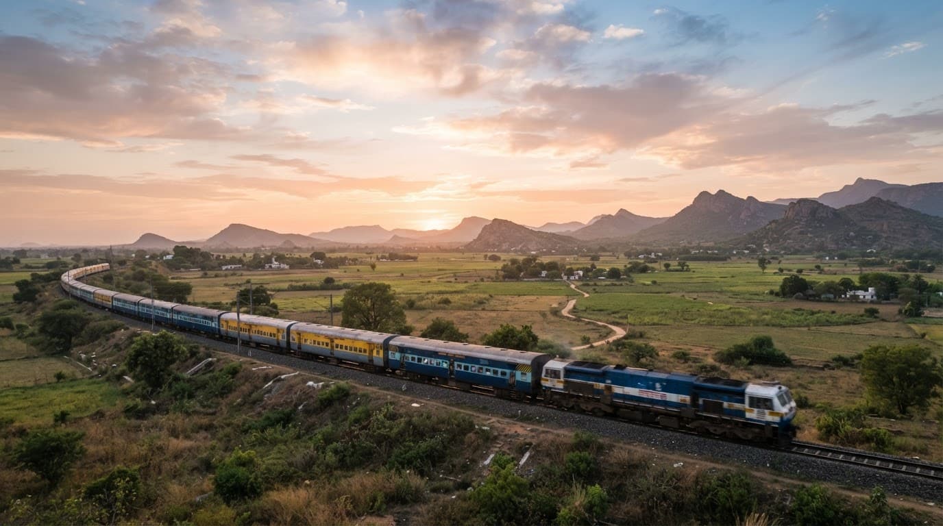 A modern Indian train crossing open countryside at sunrise with hills in the distance.