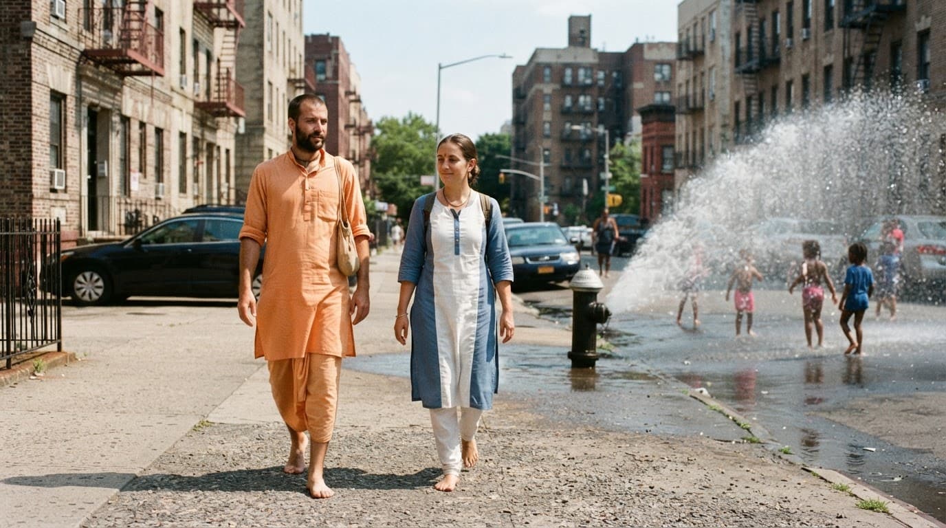 A man and woman walk past a spraying fire hydrant on a sunny Bronx street.