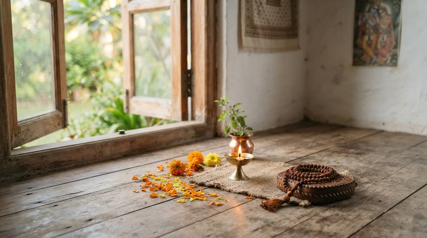 A brass lamp and prayer beads beside an open window with marigold flowers.