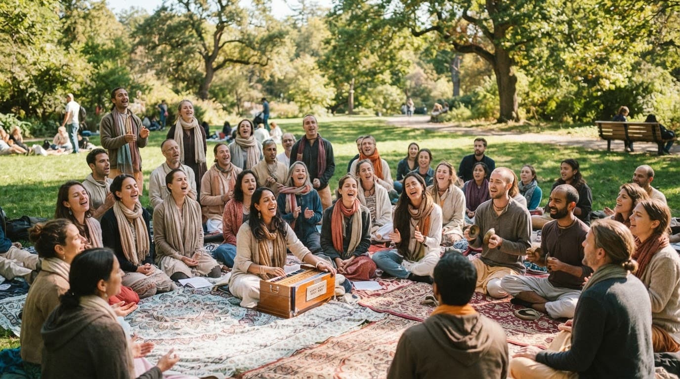 Adults sing together on a blanket in a sunny green park.