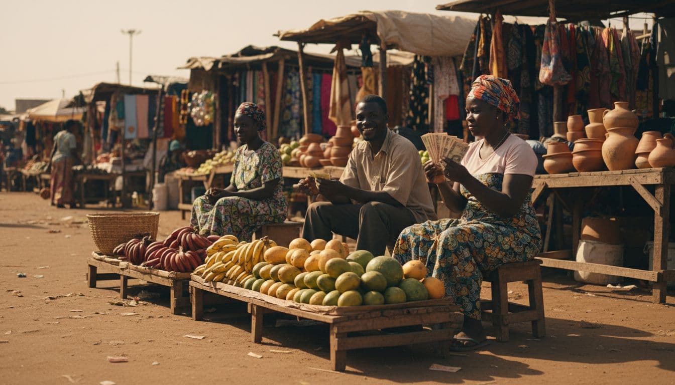 Realistic daytime photo of a vibrant African street market with stalls selling fruits and goods, two informal vendors counting cash relaxedly, one nearby customer, natural sunlight, exactly three people visible.