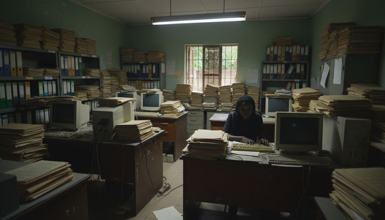 Realistic photo of a cluttered office in Africa featuring stacks of paper files on desks, old computers, and one employee typing on a keyboard under dim fluorescent lighting.