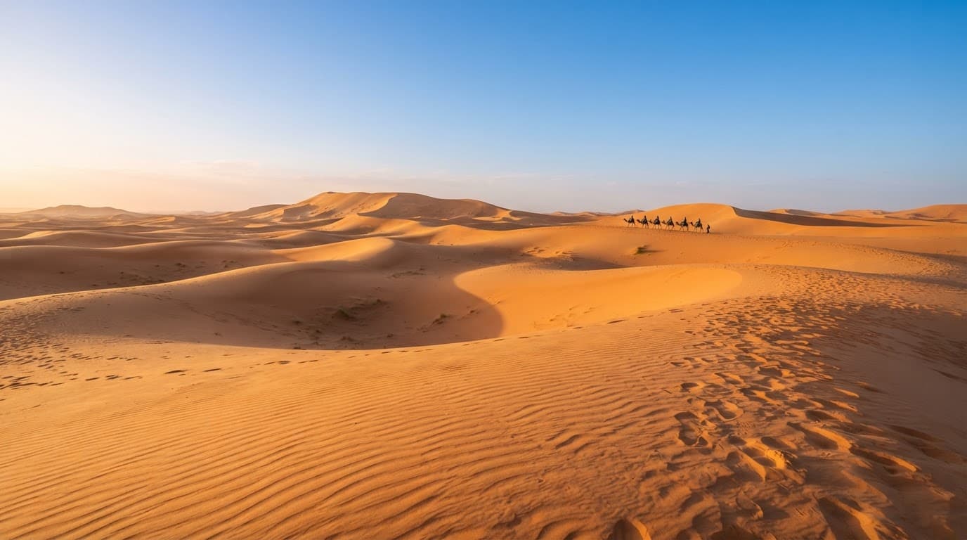 A distant camel caravan crosses golden Erg Chebbi dunes beneath a clear blue sky.