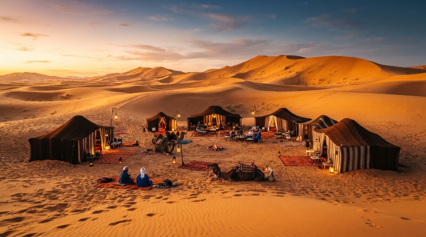 Traditional tents nestled among golden Erg Chebbi dunes at sunset.