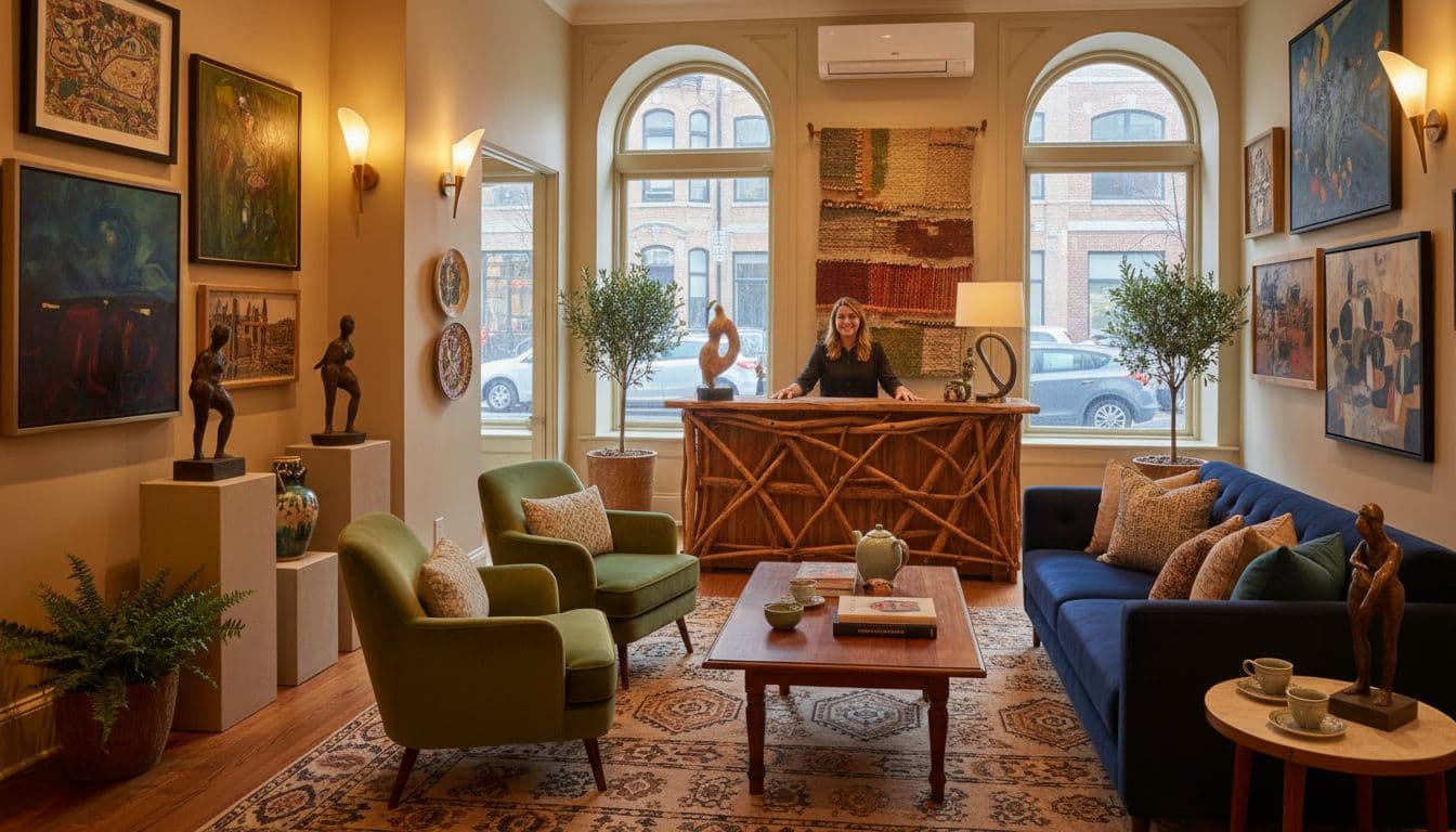 Cozy boutique hotel lobby in a historic urban building features warm ambient lighting, unique local artwork, plush armchairs and sofa around a coffee table, and one friendly staff member behind a wooden reception desk. Large windows reveal a blurred city street outside, capturing an intimate atmosphere of personal service in photorealistic detail.