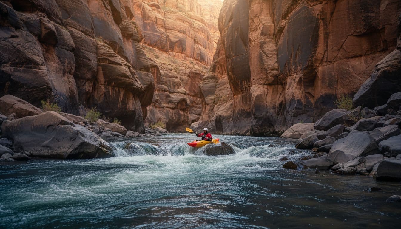 A solo kayaker maneuvers through exciting Class III whitewater rapids in a dramatic deep river canyon with towering cliffs, rocky shores, and splashing waves under bright sunlight.