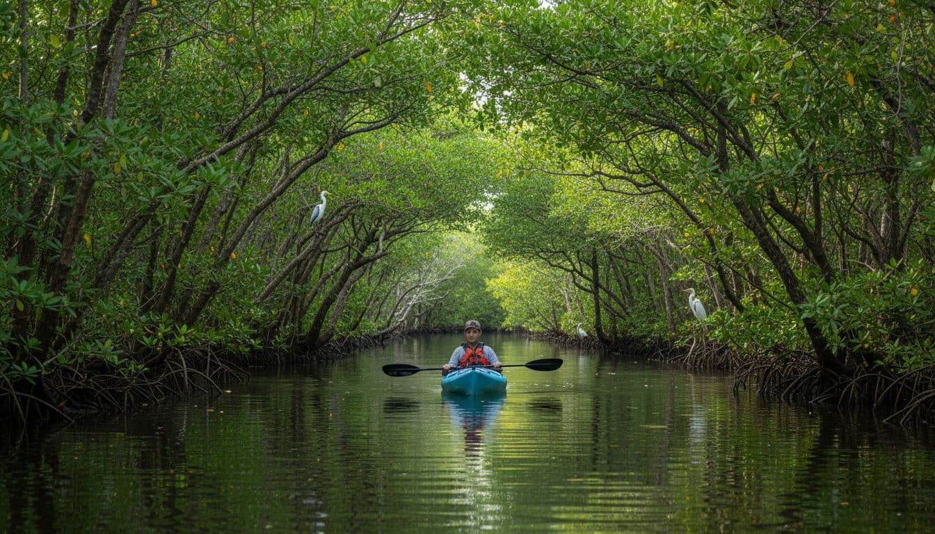 A kayaker glides calmly through narrow mangrove tunnels in the Florida Everglades, surrounded by overhanging green foliage, distant birds, and soft dappled sunlight for a peaceful nature vibe.