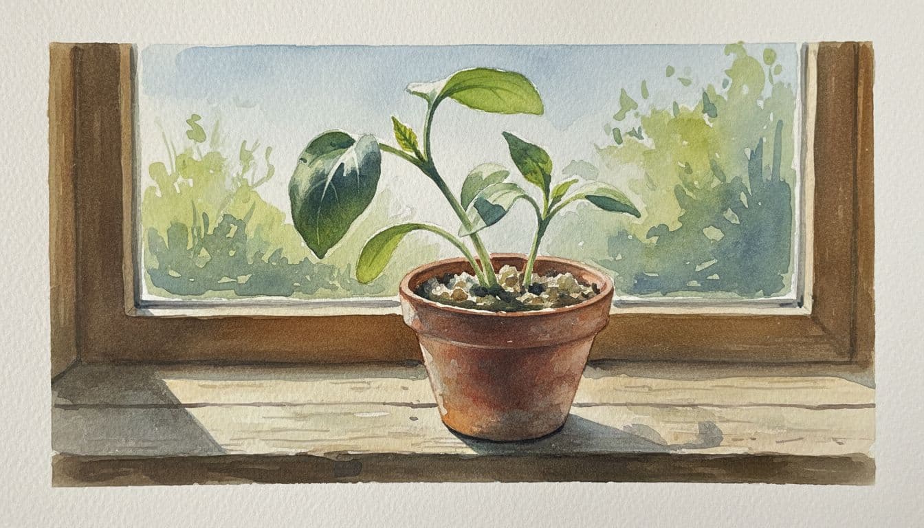 Two young green seedlings crowded in a small clay pot on a windowsill, demonstrating competition in ecosystems. One taller and shading the shorter one while reaching for side sunlight, in watercolor style.