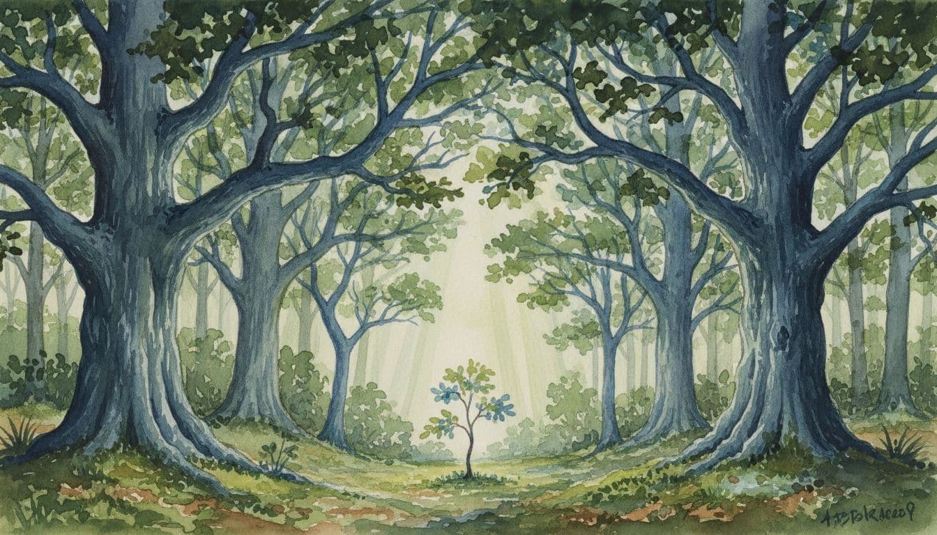Watercolor style image of a dense forest canopy where tall oak trees block sunlight from a small sapling below, a classic example of indirect competition in ecosystems for light resources.
