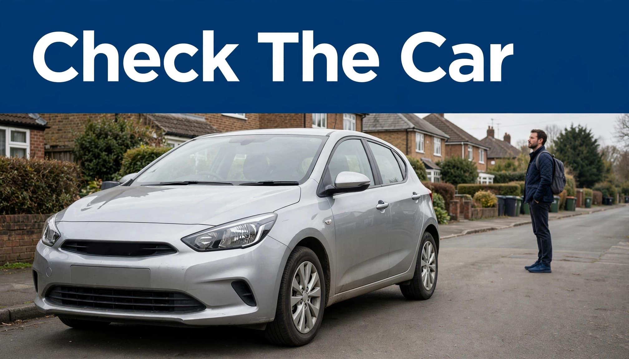 A buyer inspects a used hatchback on a quiet residential street.