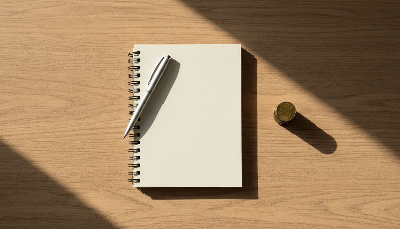 Top-view of a simple cafe table with an open notebook on a blank page, a pen, and a small stack of three coins beside it, illuminated by soft morning light casting gentle shadows. The clean composition evokes a low-commitment, affordable pricing feel for first-time customers.