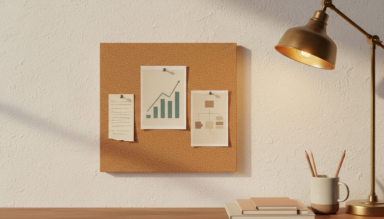 Cozy desk corner with a small corkboard holding pinned prints of a testimonial, results graph screenshot, and process flowchart, illuminated by warm desk lamp light in realistic photograph style.