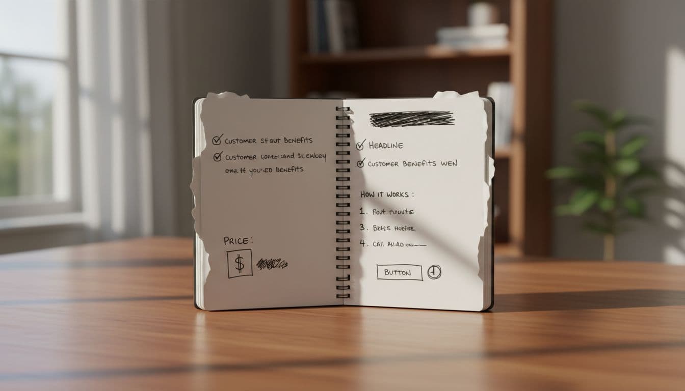 Open notebook on a wooden desk in a cozy home office, filled with handwritten notes outlining a simple sales page structure: headline, benefits, steps, price, and CTA, illuminated by soft natural light.