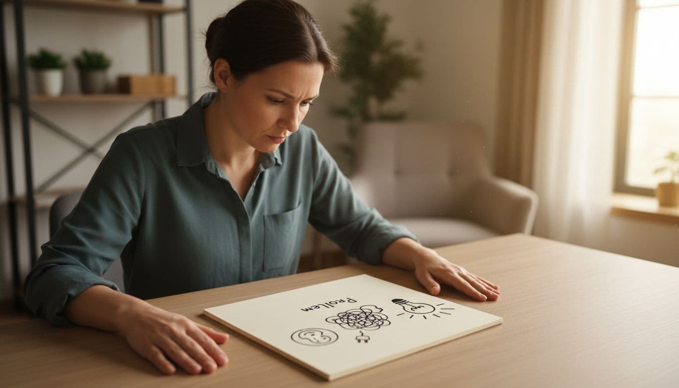 A solo founder in a home office intently studies a notebook page with sketches of one customer icon, one problem symbol like tangled wires, and one result like a lightbulb, under warm natural light.