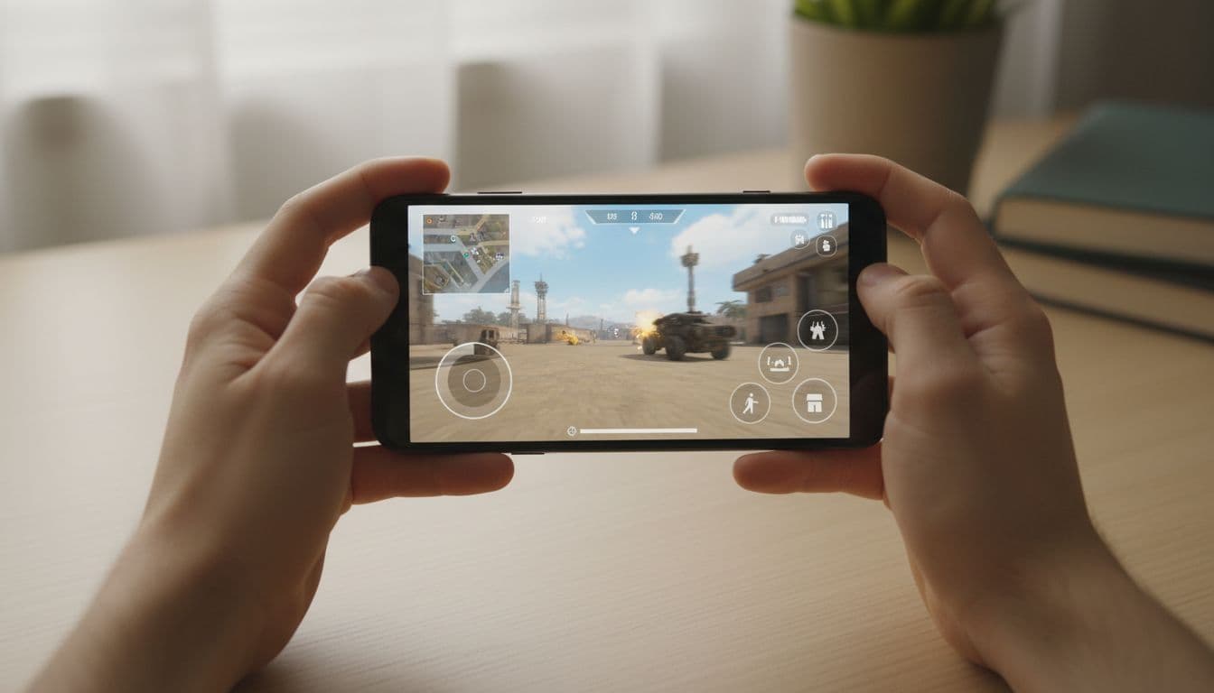 Two hands hold Android phone showing battle royale FPS interface with clear movement and aiming controls on simple desk.